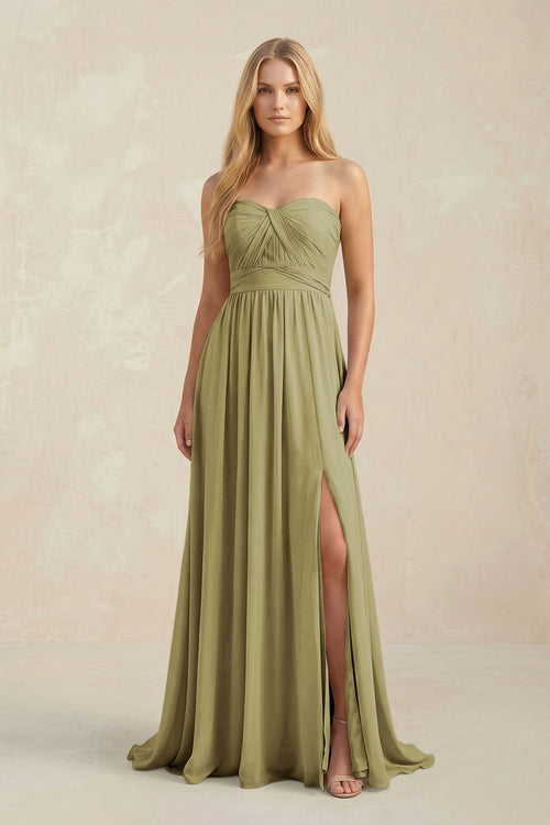 Sweetheart A-Line Pleated Chiffon Bridesmaid Dress With Slit in Moss Green | KISSBRIDAL