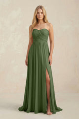 Sweetheart A-Line Pleated Chiffon Bridesmaid Dress With Slit in Moss | KISSBRIDAL