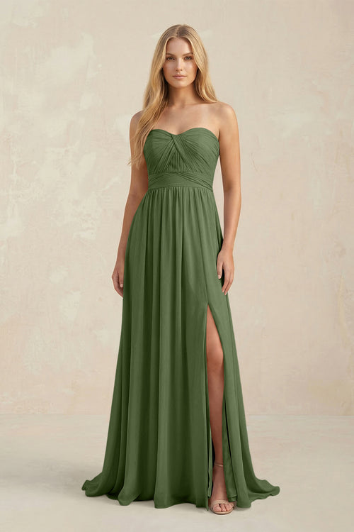 Sweetheart A-Line Pleated Chiffon Bridesmaid Dress With Slit in Moss | KISSBRIDAL