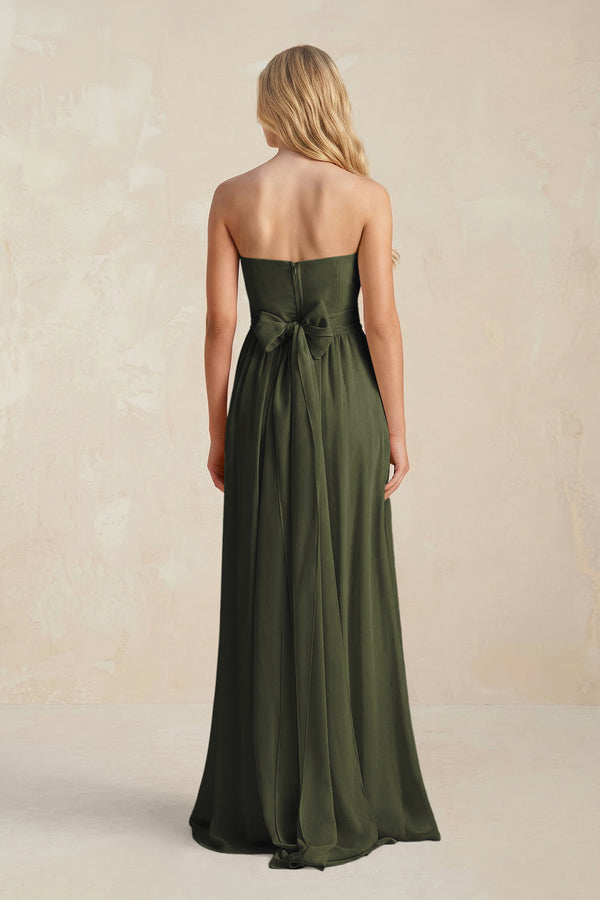 Sweetheart A-Line Pleated Chiffon Bridesmaid Dress With Slit in Olive (2) | KISSBRIDAL