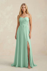 Sweetheart A-Line Pleated Chiffon Bridesmaid Dress With Slit in Pale Pistachio | KISSBRIDAL