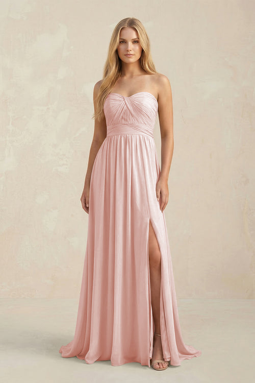 Sweetheart A-Line Pleated Chiffon Bridesmaid Dress With Slit in Rose Petal | KISSBRIDAL