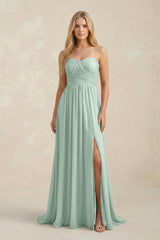 Sweetheart A-Line Pleated Chiffon Bridesmaid Dress With Slit in Sage | KISSBRIDAL