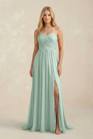 Sweetheart A-Line Pleated Chiffon Bridesmaid Dress With Slit in Sage | KISSBRIDAL