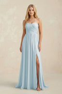 Sweetheart A-Line Pleated Chiffon Bridesmaid Dress With Slit in Sky Blue | KISSBRIDAL