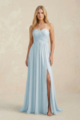 Sweetheart A-Line Pleated Chiffon Bridesmaid Dress With Slit in Sky Blue | KISSBRIDAL