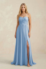 Sweetheart A-Line Pleated Chiffon Bridesmaid Dress With Slit in Steel Blue | KISSBRIDAL