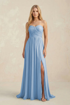 Sweetheart A-Line Pleated Chiffon Bridesmaid Dress With Slit in Steel Blue | KISSBRIDAL