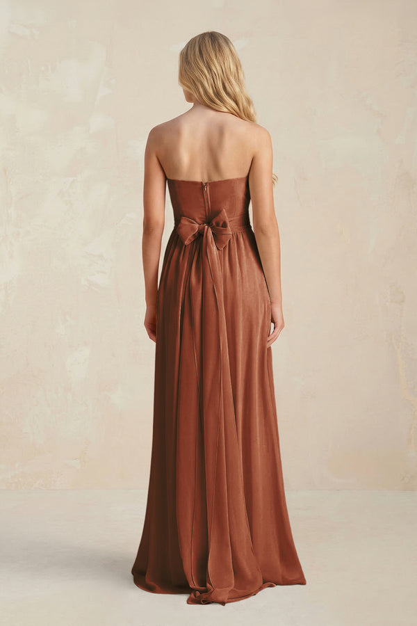 Sweetheart A-Line Pleated Chiffon Bridesmaid Dress With Slit in Terracotta (2) | KISSBRIDAL