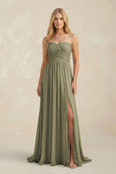 Sweetheart A-Line Pleated Chiffon Bridesmaid Dress With Slit in Thyme | KISSBRIDAL