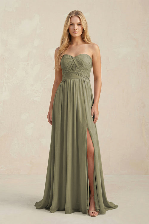 Sweetheart A-Line Pleated Chiffon Bridesmaid Dress With Slit in Thyme | KISSBRIDAL