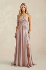 Sweetheart A-Line Pleated Chiffon Bridesmaid Dress With Slit in Toffee | KISSBRIDAL