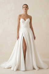 Sweetheart A - Line Ruched Satin Wedding Dress in White - KISS BRIDAL Wedding Dresses