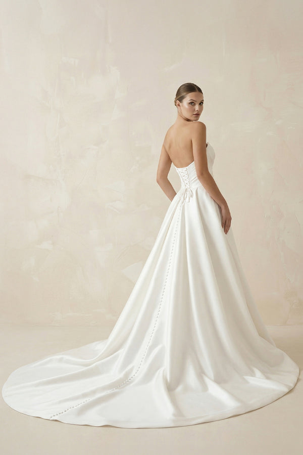 Sweetheart A - Line Ruched Satin Wedding Dress in White - KISS BRIDAL Wedding Dresses