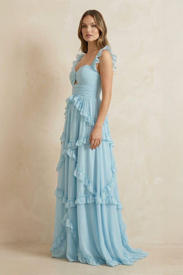 Sweetheart A Line Ruffled Maxi Dress in Sky Blue - SHE IS ME PROM DRESSES