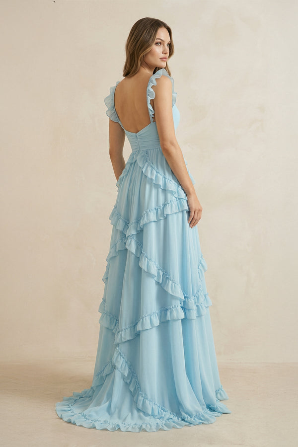Sweetheart A Line Ruffled Maxi Dress in Sky Blue - SHE IS ME PROM DRESSES