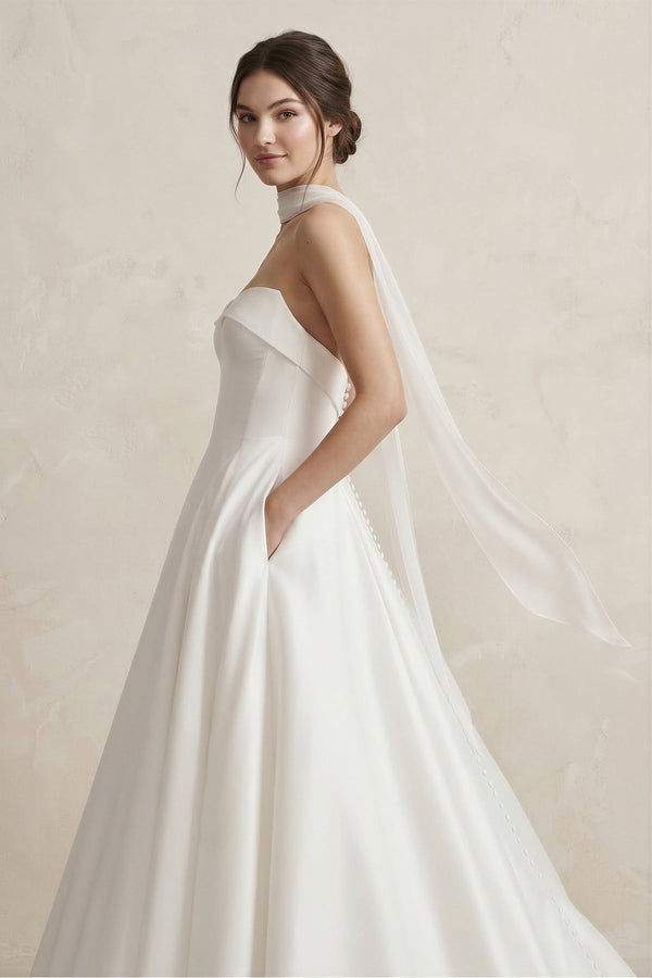 Sweetheart A - Line Satin Ball Gown Wedding Dress in White - SHE IS ME Wedding Dresses