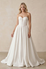 Sweetheart A - Line Satin Corset Wedding Dress in White - KISS BRIDAL Wedding Dresses