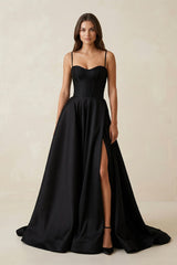 Sweetheart A - Line Satin Corset Wedding Dress with Slit in Black - KISS BRIDAL Wedding Dresses