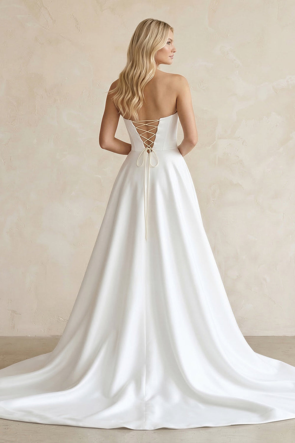 Sweetheart A - Line Satin Corset Wedding Dress with Slit in White - KISS BRIDAL Wedding Dresses