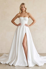 Sweetheart A - Line Satin Corset Wedding Dress with Slit in White - KISS BRIDAL Wedding Dresses