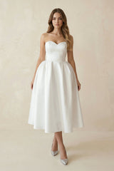 Sweetheart A - Line Satin Midi Wedding Dress in White - KISS BRIDAL Wedding Dresses