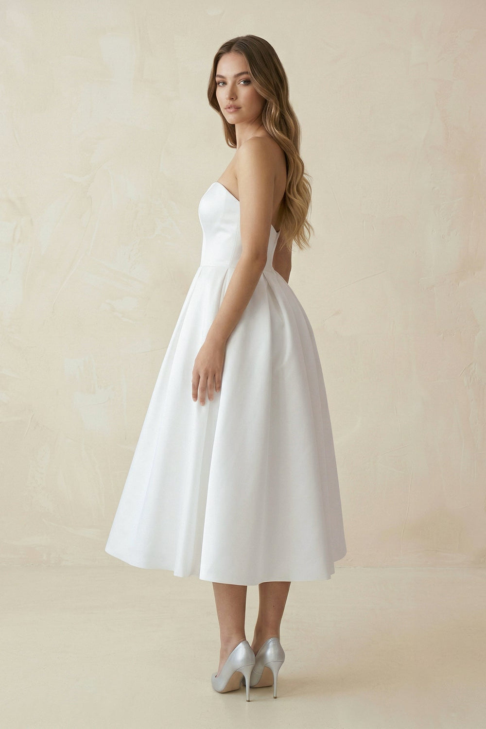 Sweetheart A - Line Satin Midi Wedding Dress in White - KISS BRIDAL Wedding Dresses