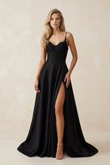 Sweetheart A - Line Satin Ruched Wedding Dress with Slit in Black - KISS BRIDAL Wedding Dresses