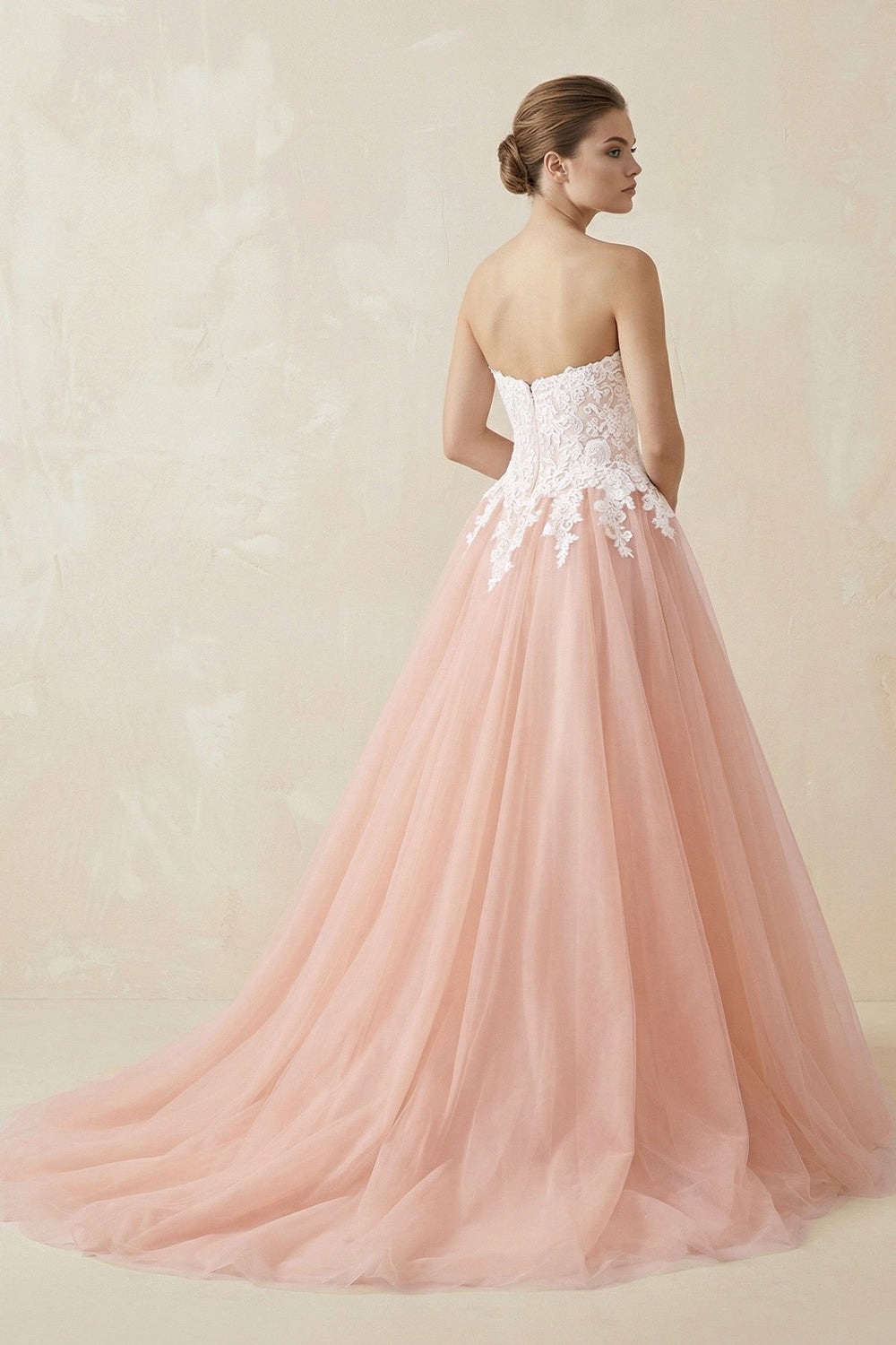 Sweetheart A - Line Tulle Appliqued Wedding Dress in Pink - KISS BRIDAL Wedding Dresses
