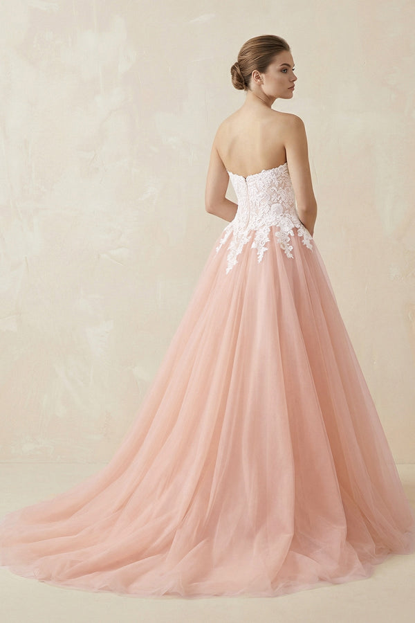 Sweetheart A - Line Tulle Appliqued Wedding Dress in Pink - SHE IS ME Wedding Dresses