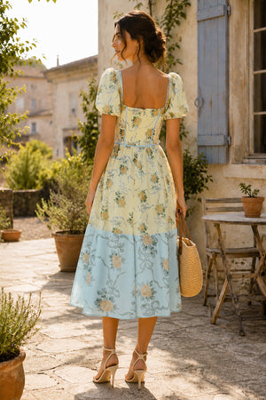Sweetheart A-Line Vintage Rose Printed Cotton Dress in Yellow