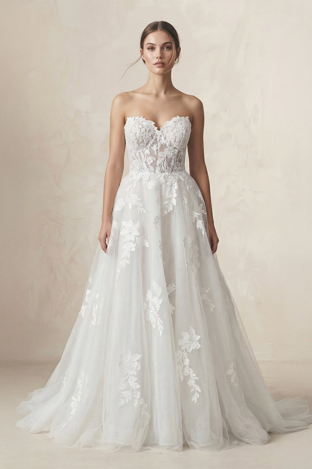 Sweetheart Appliqued A - Line Tulle Wedding Dress in Ivory - SHE IS ME Wedding Dresses