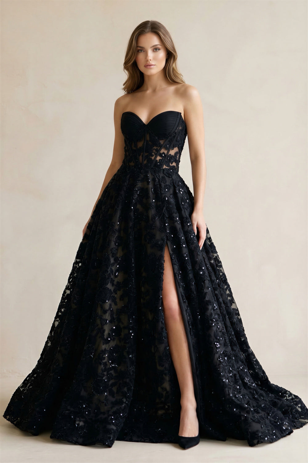 Sweetheart Appliqued Corset Lace Ball Gown Wedding Dress With Slit in Black - KISS BRIDAL Wedding Dresses