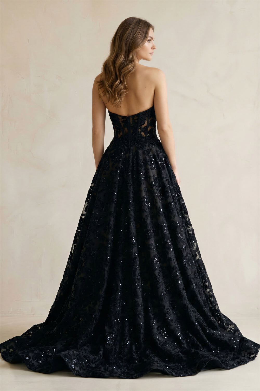 Sweetheart Appliqued Corset Lace Ball Gown Wedding Dress With Slit in Black - KISS BRIDAL Wedding Dresses