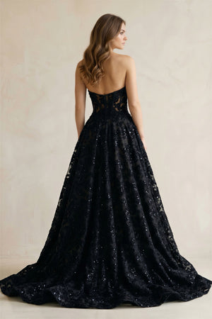 Sweetheart Appliqued Corset Lace Ball Gown Wedding Dress With Slit in Black - SHE IS ME Wedding Dresses