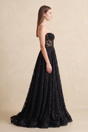 Black Sweetheart Appliqued Corset Lace Ball Gown Wedding Dress With Slit - KISSBRIDAL