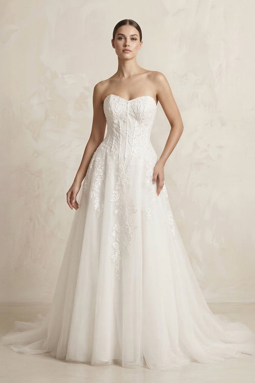 Sweetheart Appliqued Tulle A - Line Wedding Dress in White - SHE IS ME Wedding Dresses