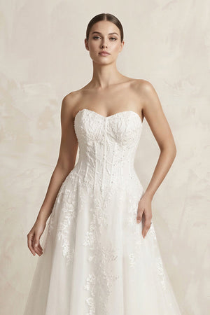 Sweetheart Appliqued Tulle A - Line Wedding Dress in White - SHE IS ME Wedding Dresses