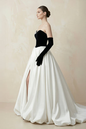 Sweetheart Ball Gown Beaded Satin Wedding Dress With Slit in Black and White - SHE IS ME Wedding Dresses