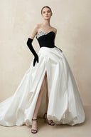 Sweetheart Ball Gown Beaded Satin Wedding Dress With Slit in Black and White - SHE IS ME Wedding Dresses