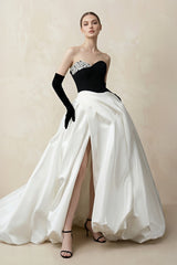 Sweetheart Ball Gown Beaded Satin Wedding Dress With Slit in Black and White - KISS BRIDAL Wedding Dresses