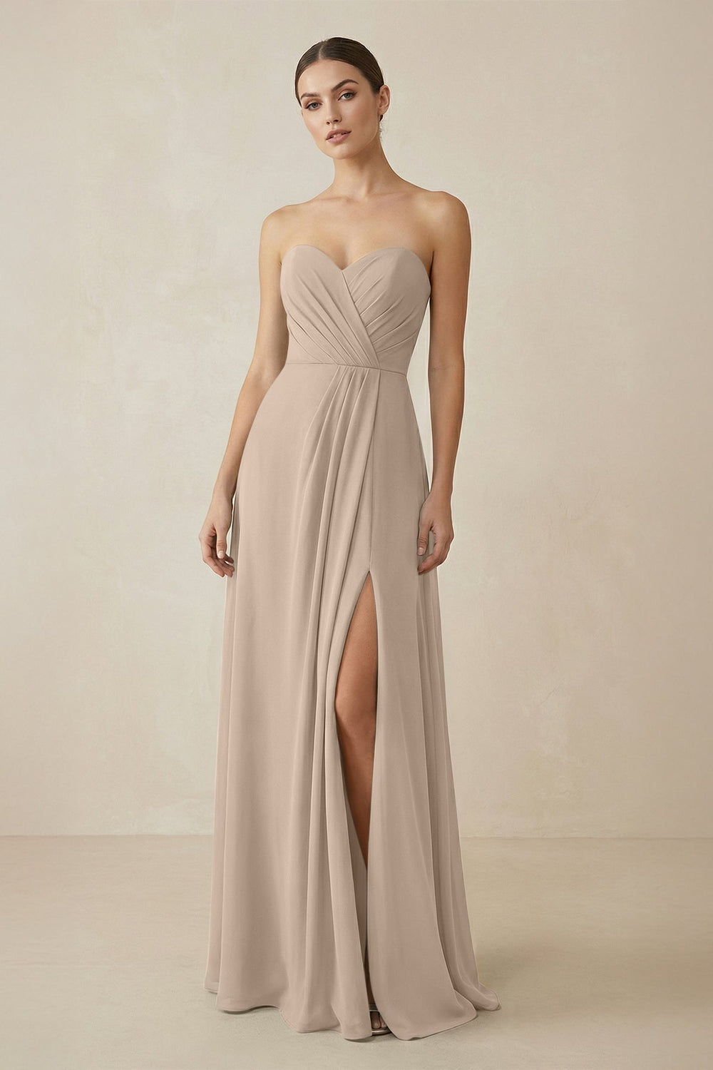 Sweetheart Chiffon A - Line Bridesmaid Dress with Slit in Almond - KISS BRIDAL Bridesmaid Dresses