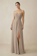 Sweetheart Chiffon A-Line Bridesmaid Dress with Slit in Almond | KISSBRIDAL