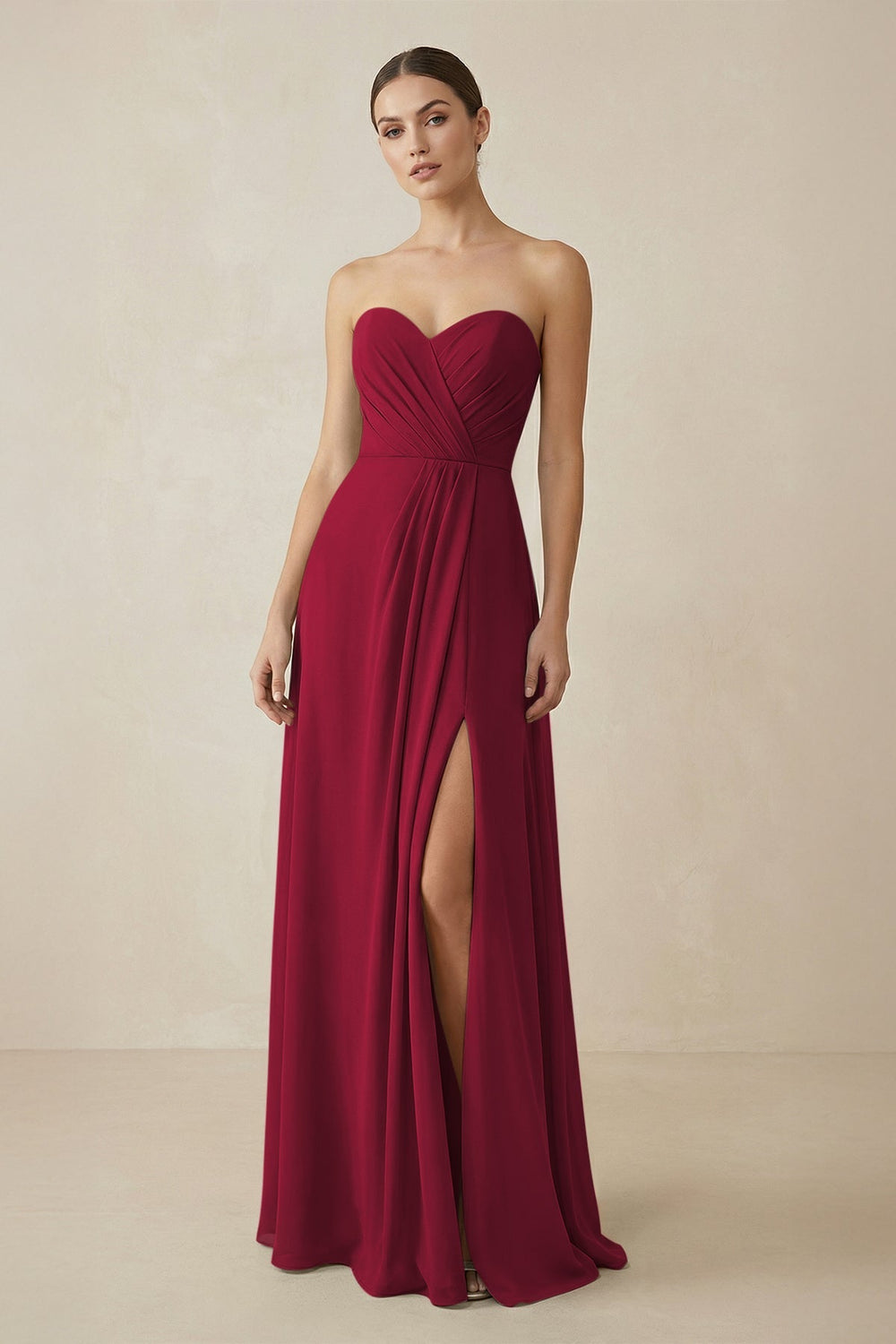 Sweetheart Chiffon A - Line Bridesmaid Dress with Slit in Berry - KISS BRIDAL Bridesmaid Dresses