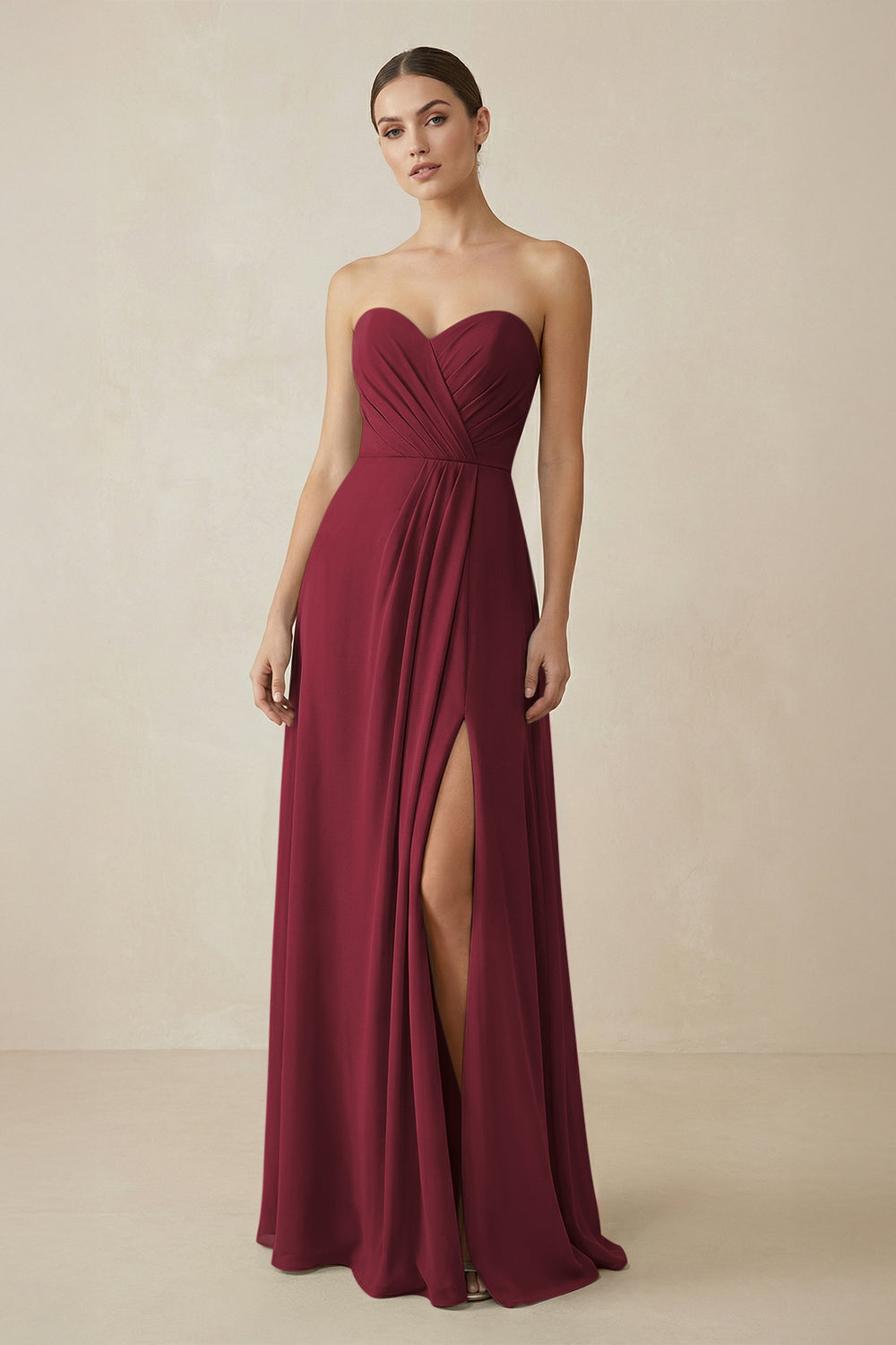 Sweetheart Chiffon A-Line Bridesmaid Dress with Slit in Berry