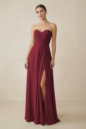 Sweetheart Chiffon A-Line Bridesmaid Dress with Slit in Berry | KISSBRIDAL