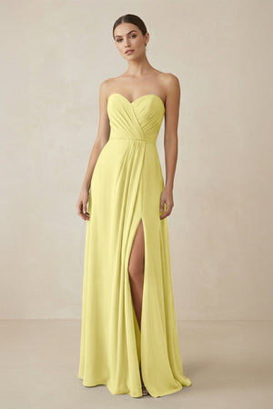 Sweetheart Chiffon A - Line Bridesmaid Dress with Slit in Buttercup - SHE IS ME Bridesmaid Dresses