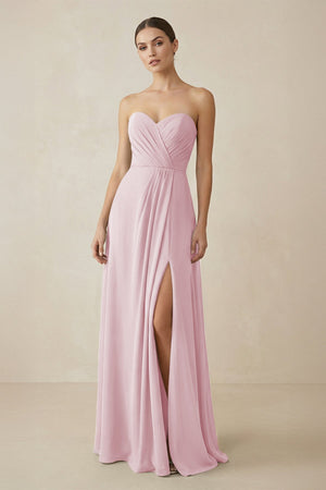 Sweetheart Chiffon A - Line Bridesmaid Dress with Slit in Candy Pink - SHE IS ME Bridesmaid Dresses