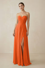 Sweetheart Chiffon A-Line Bridesmaid Dress with Slit in Cinnamon | KISSBRIDAL
