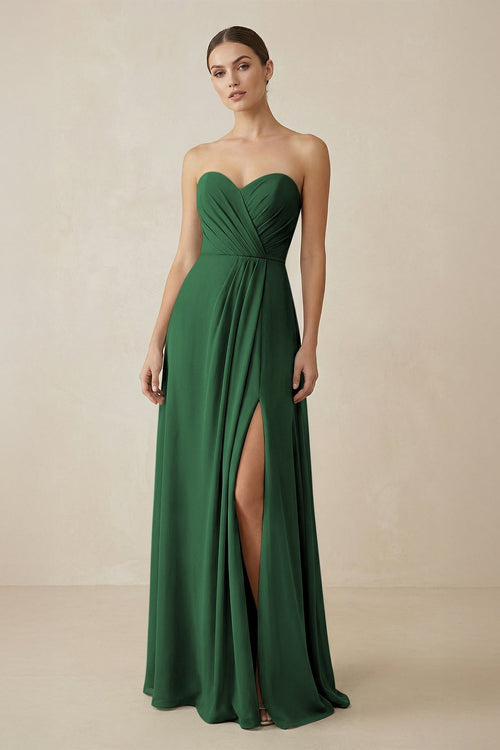 Sweetheart Chiffon A - Line Bridesmaid Dress with Slit in Dark Green - SHE IS ME Bridesmaid Dresses
